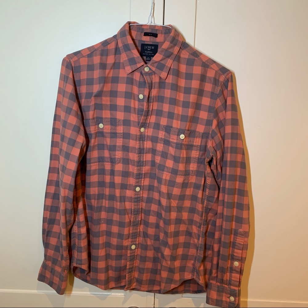 J Crew Men’s Flannel - Orange/Gray Salmon Slim Medium (M)